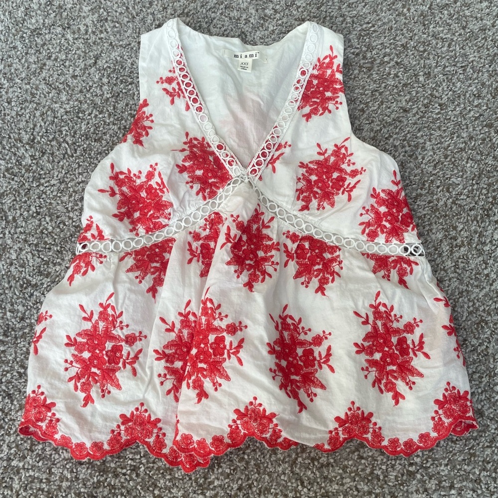 Mi Ami Embroidered‎ Peplum Tank Top XXS Red White